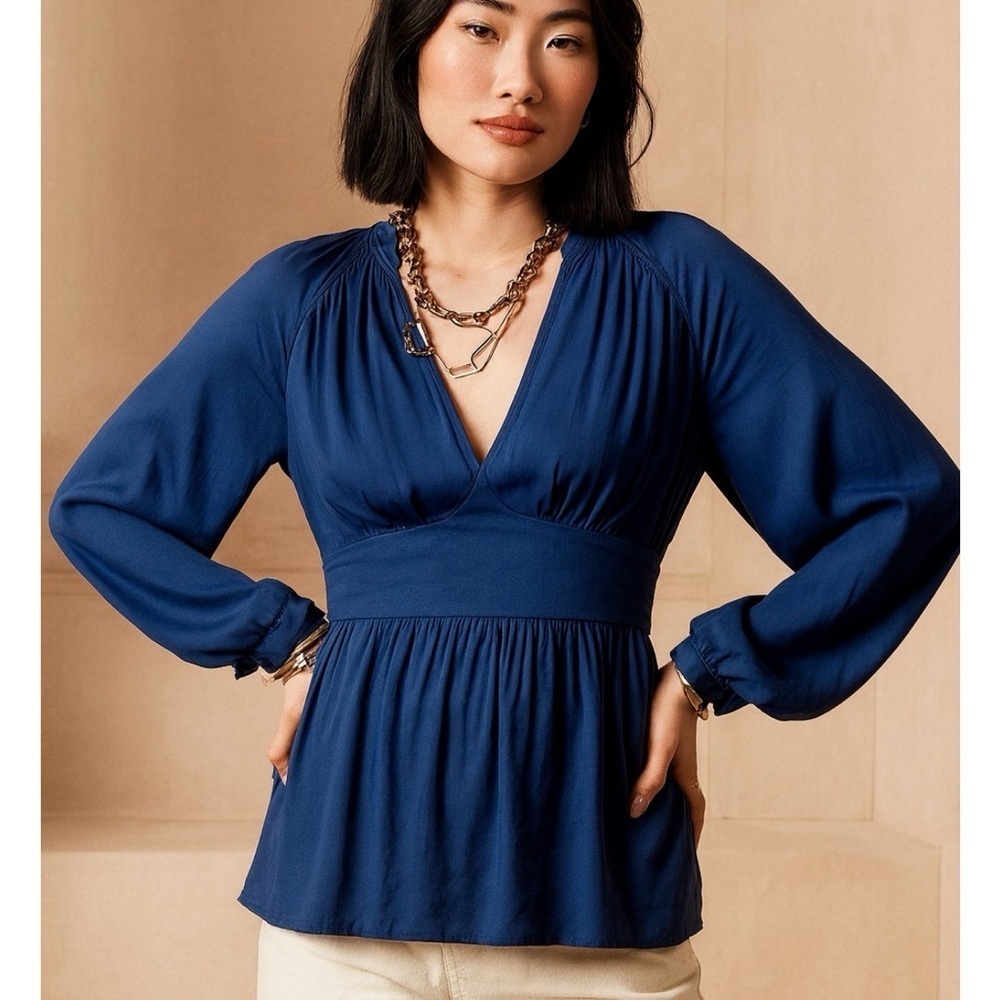 Banana Republic Dark Navy Blue Peplum Deep V Neck Silky Blouse Long Sleeve Top
